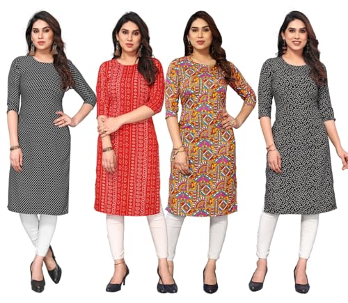 Image of JAKHANA Women's Crepe Printed Casual Straight Calf Length Round Nick Kurta Pack of 4