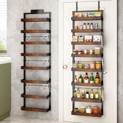 bukfen Over the Door Pantry Organizer, 8-Tier Adjustable Wooden Basket