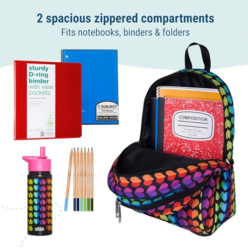 Image of Wildkin 15 Inch Backpack for Boys /Girls, Rainbow Hearts | Ages 5-10, padded straps, side water bottle pocket - coordinates with matching Wildkin lunch boxes and water bottles