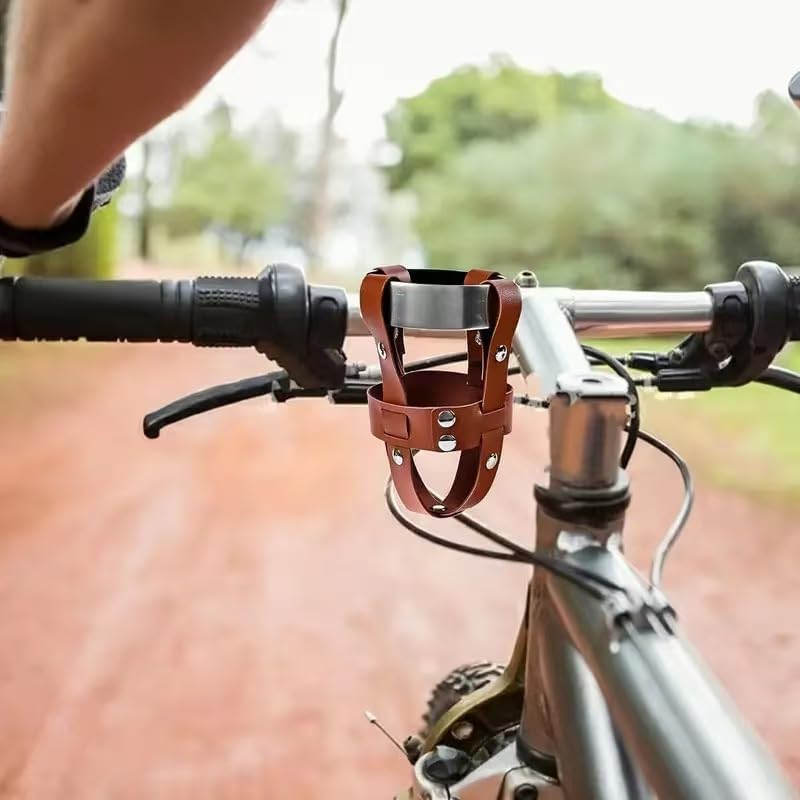 Bike Cup Holder, PU Leather Bicycle Water Bottle Holder with Handlebar Clamp, Adjustable Drink Bottle Cage for Bike, E-Bike, Motorcycle, Scooter, Boat, Fits Bottles up to 2.75 in, Light Brown