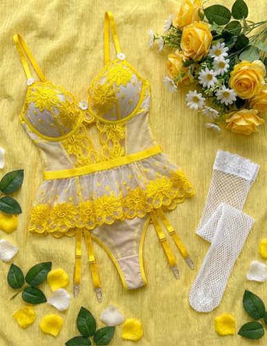 Image of Alrovetoney Women Lingerie Set Naughty Lace Bodysuit High Waisted Underwire Lingerie Babydoll With Garter Belt and Stockings