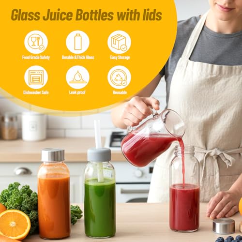 Image of Luxfuel 10 oz Glass Juice Bottles, 10 Pack - Leakproof & BPA-Free Reusable Small Glass Bottles with Stainless Steel Lids & Straw, Perfect for Office, Juicing,Smoothies & Fridge Storage,Dishwasher Safe