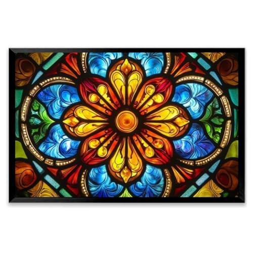 Vivid stained glass window depicting a colorful floral Black Framed