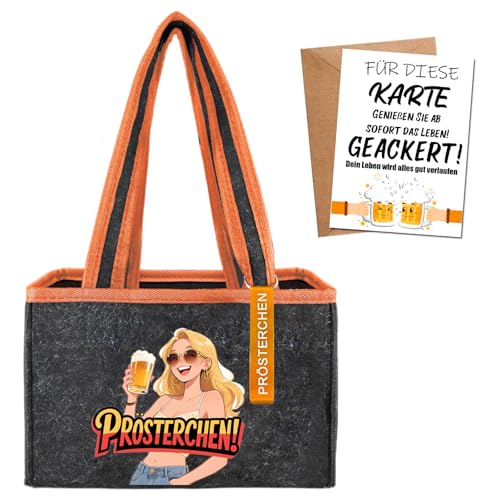 Lustiges Geschenk – Herren- und Damen-Tragetasche für Bier mit Flaschenöffner und Grußkarte – Filz-Tragetasche und Aufbewahrungsbeutel für bis zu 6 Flaschen oder Dosen – Set für Sekt, Wein oder Bier