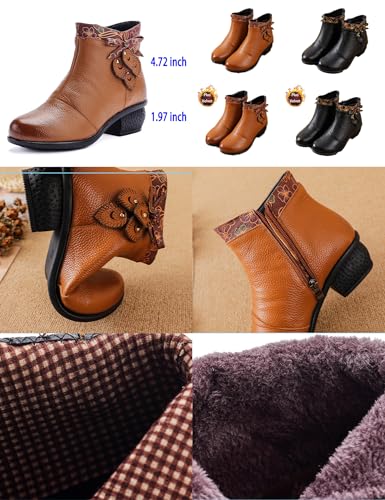 Women's Leather Dress Ankle Boots,Vintage Bow Comfort Chunky Block Waterproof Non-slip Side Zip Casual Short Booties2