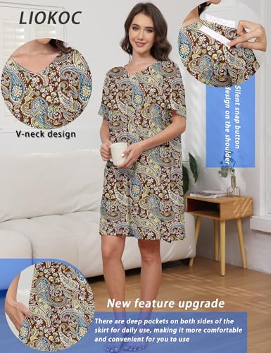 Image of Hospital Gowns for Women Open Back Tear Away Snap Post shoulder Dress Short Sleeve Soft Adaptive Clothing with Pockets