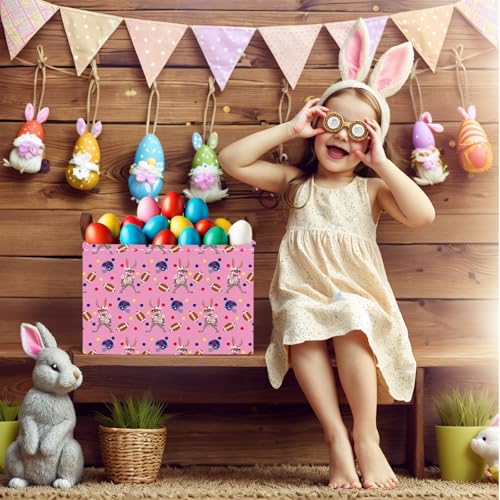 Image of Large Cute Easter Basket for Kid Empty Gift Baby Rectangle Storage Bin Bunny Eggs Boy&Girl Room Decor (Rabbit Rugby Pink)