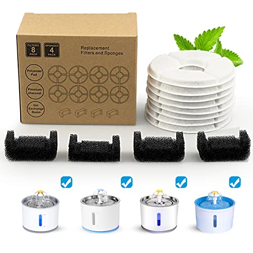 Cat Water Fountain Filter for Wonder-Creature 81 oz/2.4L Round Stainless Steel Top Cat Fountain 8 Carbon Filters 4 Foam Filters Pack Cat Fountain Replacement Filters