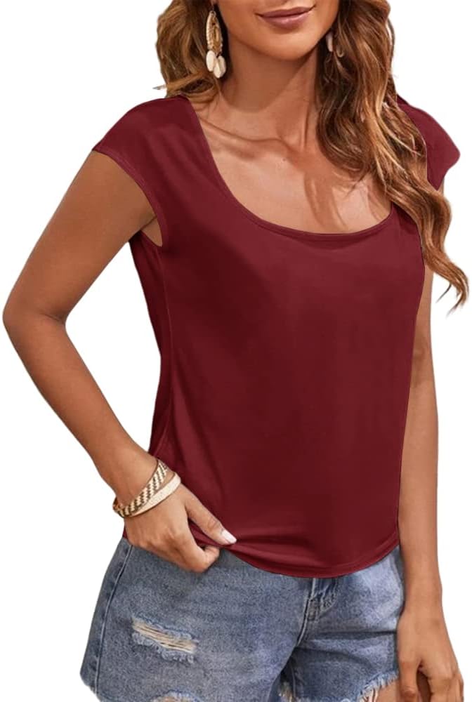 Women's Cap Sleeve Scoop Neck T Shirt Casual Solid Color Basic Tee Shirts Blouses Tank Tops - Image 2