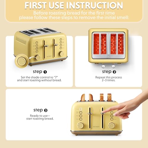 Image of BUYDEEM DT640 4-Slice Toaster, Extra Wide Slots, Retro Stainless Steel with High Lift Lever, Bagel and Muffin Function, Removal Crumb Tray, 7-Shade Settings,Mellow Yellow