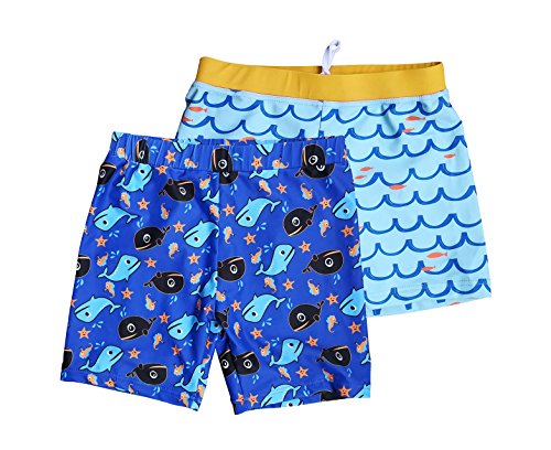 BONVERANO Boys Boardshorts UPF 50+ Sun Protection Swim Shorts with Sun Cap 2 Pack (6-9m, Navy/Blue)