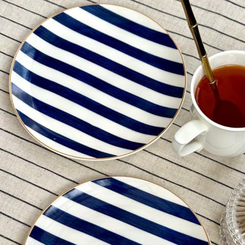 Image of GOLDEN QUEEN'S Snack Plates Set of 4 | Perfect for Snacks, Desserts, Appetizers, Salads, Tapas, Cheese | 7 inches Wide | Microwave Safe (Blue Stripes)