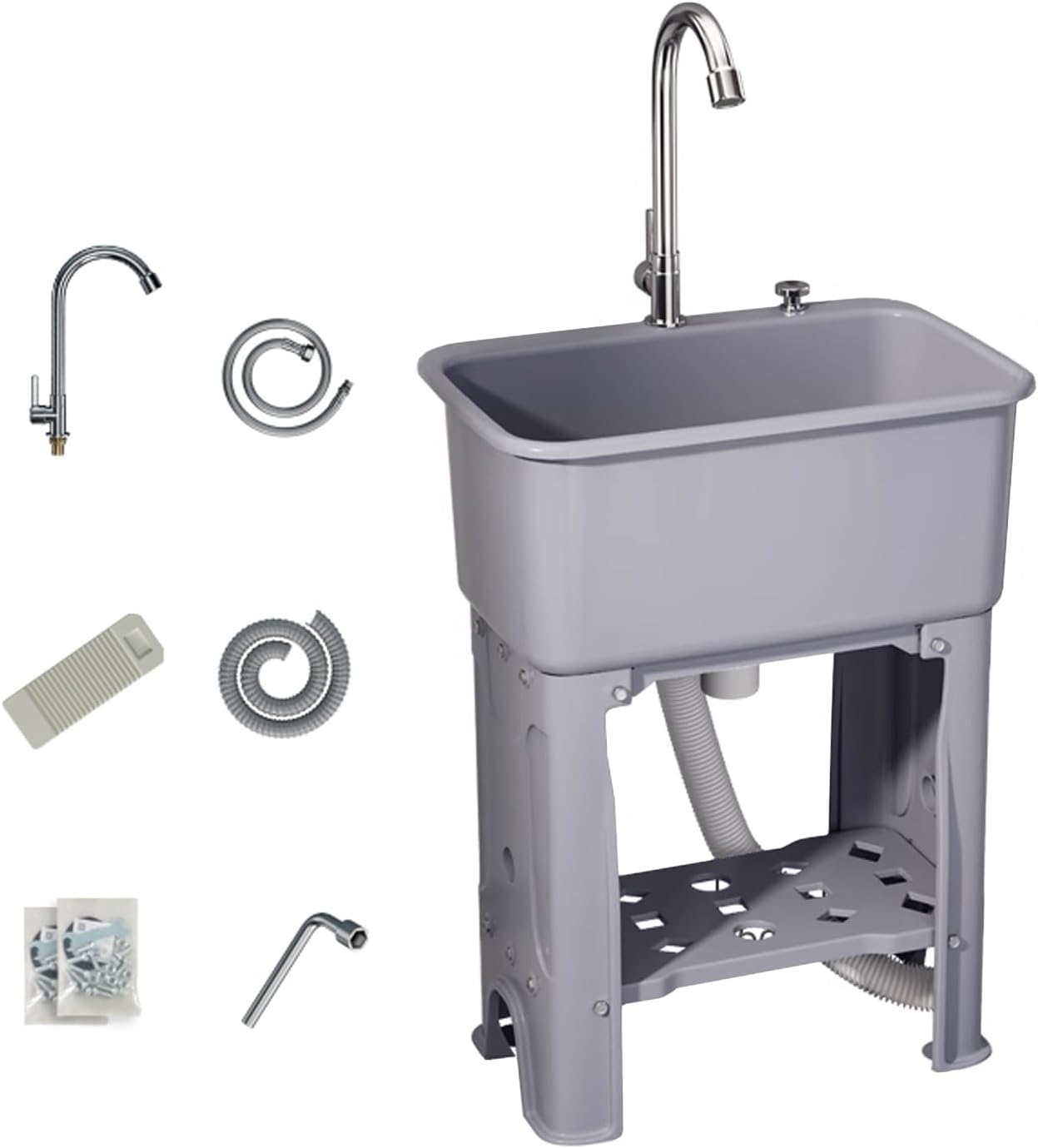 Freestanding Sink Kitchen Garden Sinks, Portable Commercial Stainless Steel Sink, Prep/Bar Sinks with Faucet and Pipe, Single Bowl Hand Wash Basin, for Laundry Utility Room(Grays 40x40cm)