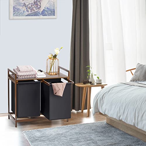 Worthyeah Bamboo Laundry Hamper 2 Section Double Landry Organizer Basket With Removable Storage Sorter Bags And Shelf Wooden Dual Laundry Sorter With Sliding Handles Brown #TOP6