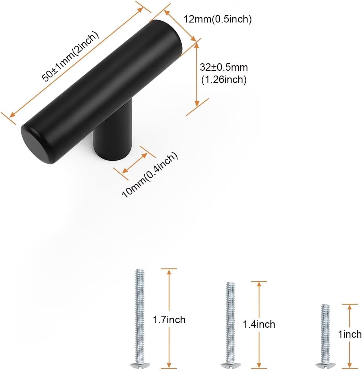 Probrico 50 Pack Length 2inch Matte Black Kitchen Cabinet Knobs,Stainless Steel Dresser Drawer Knob,Euro Style Single Hole Pull Handles for Cupboard and Closet