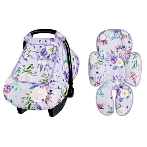 Image of CARUILI Infant Car Seat Insert & Car Seat Covers for Babies, Purple Baby Car Seat Head Support, Warm Infant Car Seat Cover, Windproof, Floral