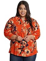 9 Impression Women Orange Floral Print Mandarin Collar Pintucks Plus Size Top (3XL)
