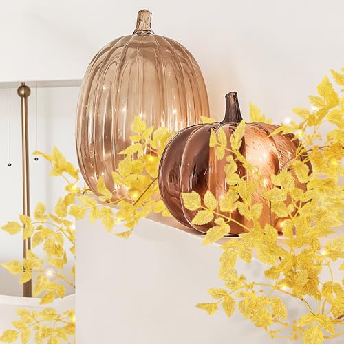 Image of Neutral Fall Garland for Mantle Fireplace - 2 Pack 6Ft Plum Cimicifuga Seeded Leaf Garlands Yellow Autumn Decor Table Decorations for Home Indoor Door Halloween Realistic Leaves Garlands Outdoor