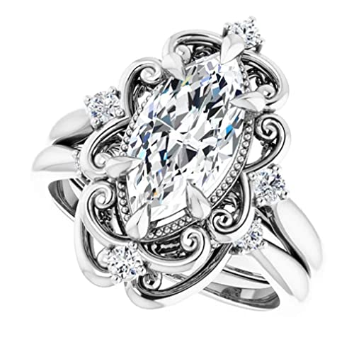 10K/14K/18K Solid White Gold Handmade Engagement Ring, 1CT-5CT Marquise Cut Moissanite Solitaire Ring, Diamond Wedding Ring Set for Women/Her, Anniversary/Propose Ring, VVS1 (Main Stone : 3.00 Carat)