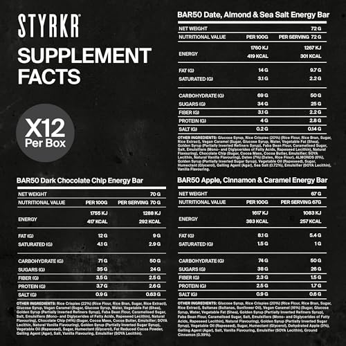 Energy Bars by Styrkr - Pack of 12 Rice Bars for Cycling & Running - Mixed Flavours Pack - Approved by Endurance Athletes - 50g of Carbs via Advanced Dual-Carb Formulation - BAR50-12x Pack