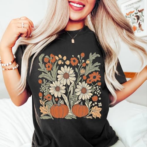 Floral Pumpkin Graphic T Shirt Women Retro Boho Floral Fall Pumpkin Short Sleeve Casual Funny Halloween Party Shirts3