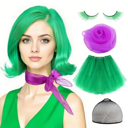 Zoyomax Women Green Costume Wig Set 4Pcs Adult Short Green Cosplay Wig Adjustable with Wig Cap False Eyelashes Purple Scarf & Puff Skirt Character Outfit for Halloween Anime Party & Cosplay