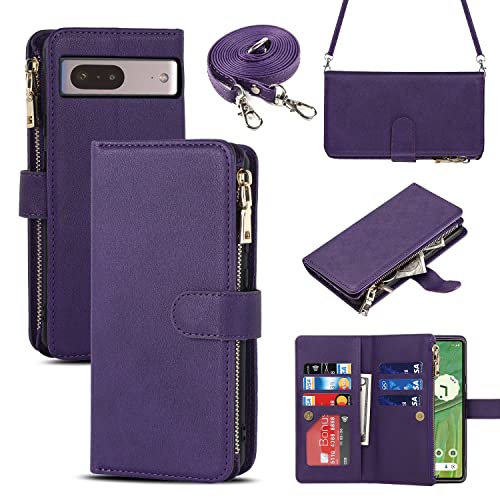 Coque portefeuille Google Pixel 7 violette avec fermeture éclair pour tout ranger sans encombrement