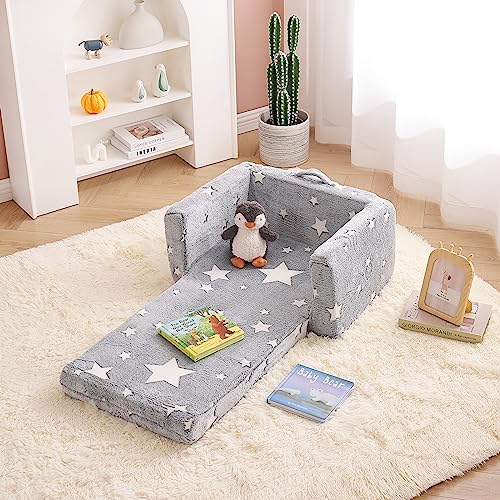 Tiita Kids Chair Couch, Folding Toddler Comfy Sofa Chairs, 2-in-1 Kids Plush Sofa Fold Out, Baby Armrest Chair Sofa to Lounger, Convertible Play Sofas to Bed for Girl or Boy, Grey Star