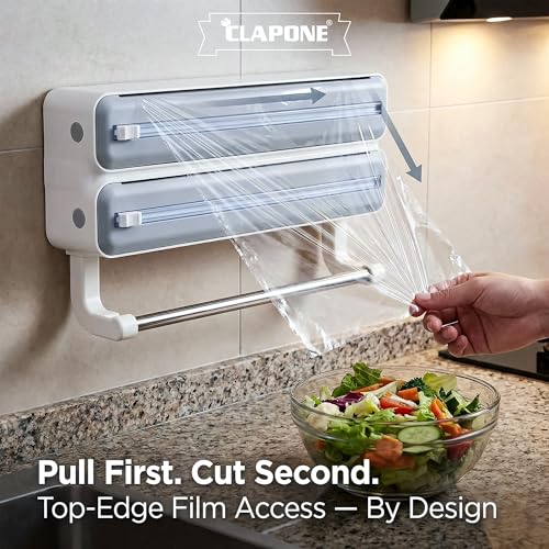 Image of Foil Paper Cutter and Holder Aluminium Foil and Plastic Wrap Organizer with Paper Towel Holder Compatible with Cling Film Tin Foil and Wax Paper Plastic Wrap Dispenser Cutter (Grey, Dual Layer)