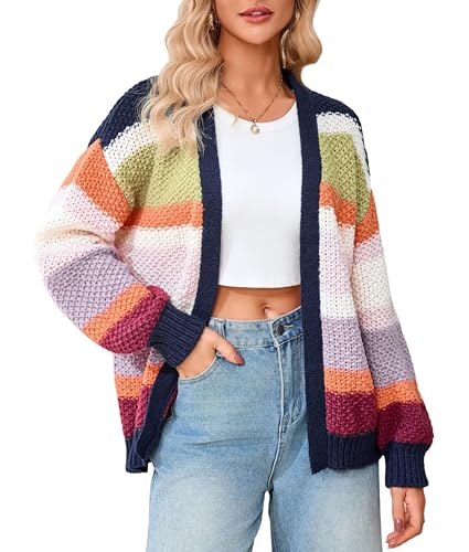 Open Front Chunky Cardigan Sweaters for Women Long Sleeve Color Block Striped Oversized Fall Sweater Coat