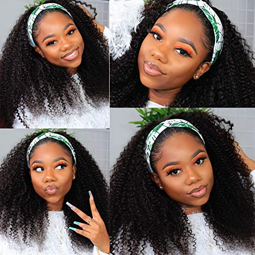 180% Density Deep Wave Headband Wig Human Hair for Women Glueless Wig with Headband Attached No Plucking 10A Brazilian Virgin Hair Non Lace Front Half Wig (18 Inch,180% deep headband wig)