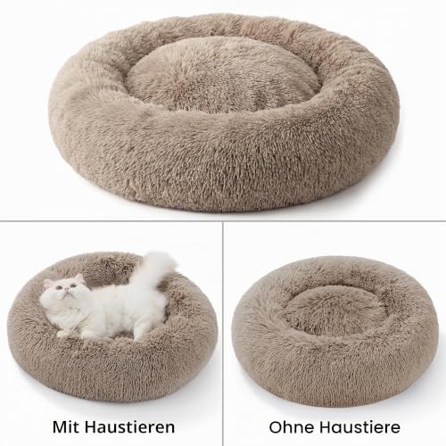 BEDSURE Hundebett waschbar Flauschiges Katzenbett - Ø 60 cm Katzenschlafplatz für Katzen und kleine Hunde, plüsch Katzenkissen rund Kuschelbett, Kamel