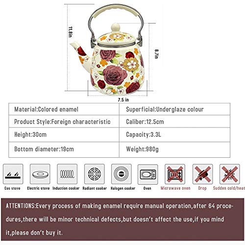 Floral Ceramic Enamel Teapot Tea Kettle For Stovetop,Large Porcelain Enameled Teakettle (White) (3.5L, White3) #TOP2