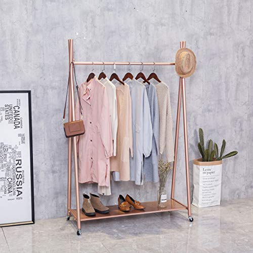 FURVOKIA Modern Simple Heavy Duty Metal Rolling Garment Rack with WheelRetail Display Clothing RackIron Floor-Standing Shoes Bags Clothes Organizer Storage Shelves Rose Gold 472 L