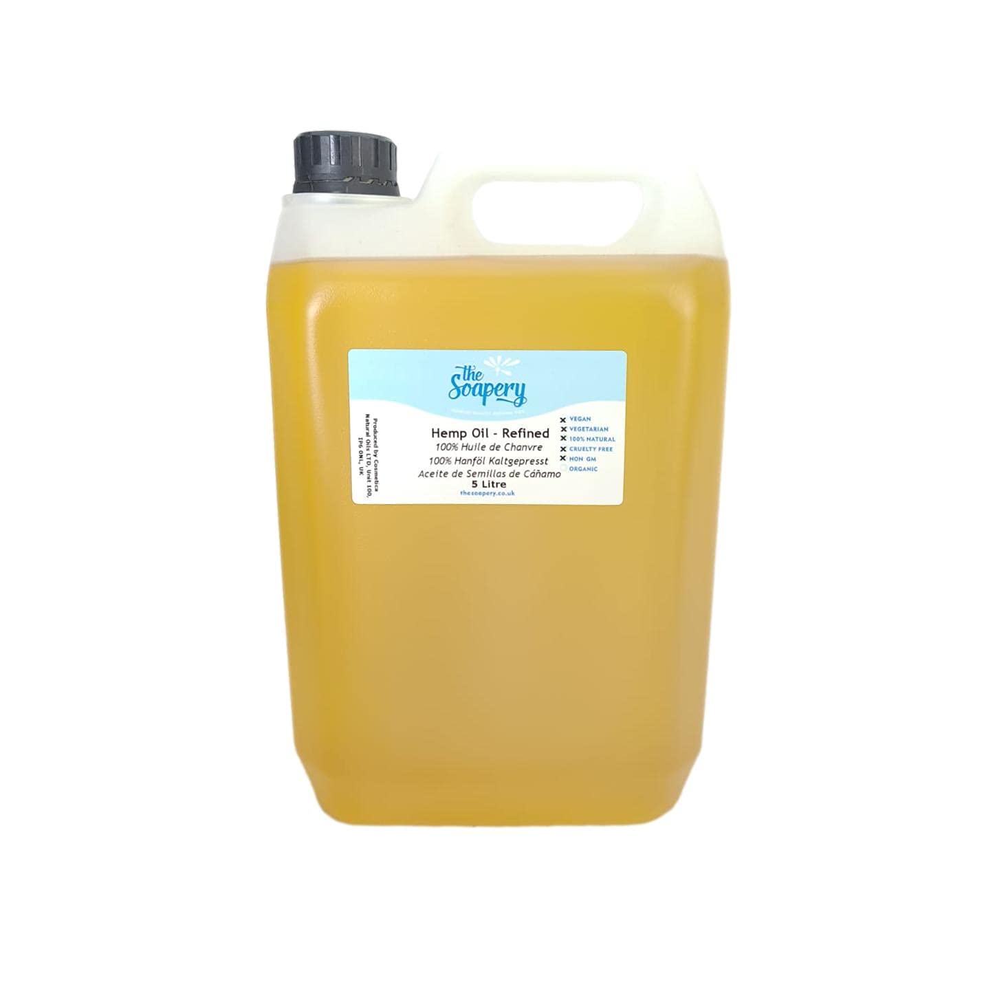 Huile de chanvre raffinée 5 litres - 100 % pure et naturelle - Huile de support pour massage, soins de la peau et des cheveux