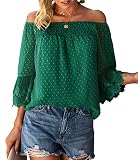 Bequemer Laden Damen Sommer Casual Bluse Elegant Oberteile Schulterfrei 3/4 Trompetenärmel Swiss Dot Spitze Tunika Tshirt Top，Dunkelgrün，S