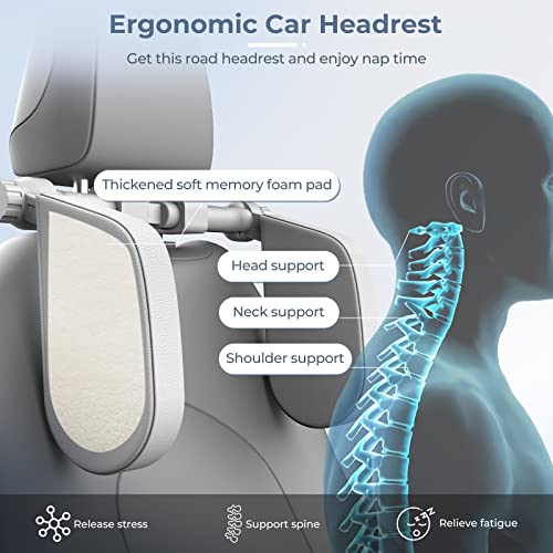 Image of Car Headrest Pillow, Road Pal Headrest, Adjustable Car Seat Head Neck Support, U Shaped Car Sleeping Pillow for Kids & Adults (Grey)