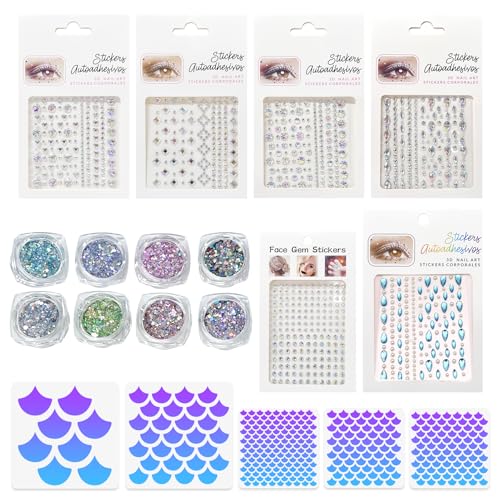 Halloween Mermaid Costume Makeup Kit, 6 Pcs Mermaid Face Gems & 8 Bottles Holographic Glitter...