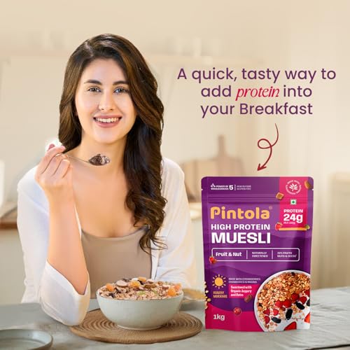 Image of Pintola 25g High Protein Muesli, Fruit & Nut, 1kg | Gluten-Free, Naturally Sweetened with Organic Jaggery & Dates, 22% Fruits, Nuts & Seeds, No Refined Sugar, Healthy Breakfast Cereal (Pack of 2)