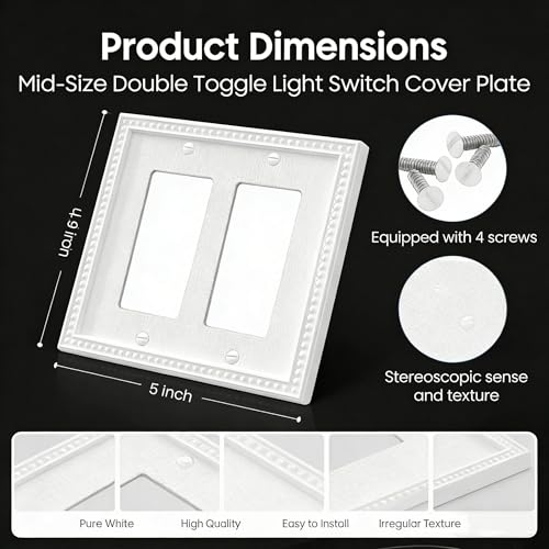 Image of ZEFTV 10 Pack Mid-Size Decorator Wall Plates 2-Gang Switch Outlet Electrical Cover Plate Unbreakable Thermoplastic Faceplate for Light Receptacle Outlet Switch, Classic Beaded Relief Design, White