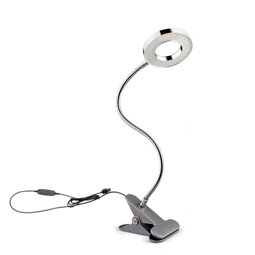 Dimmable 5W LED USB Plug Clip On Light Flexible Gooseneck Reading Lamp for Laptop, Book,Piano,Bed Headboard,Desk, 3 Lighting Colors, 10 Brightness Levels (Silver)
