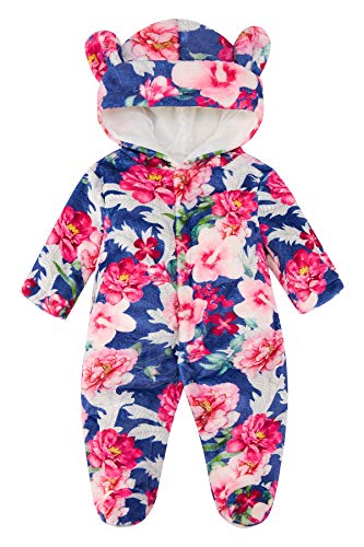 Kids4ever Baby Warm Fleece Snowsuit Bear Ear Hooded Romper Flannel Footie Pajamas (Flower, 9-12 Months)