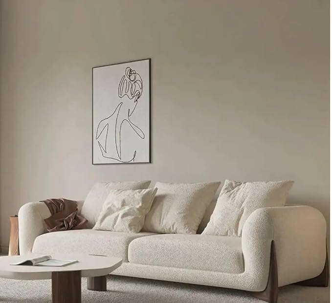 Image of Upholstered 3 Seater Sofa Three Seater Sofa with Wooden Legs for Living Room Hotels & Offices (3+1+Puffy Boucle Beige)