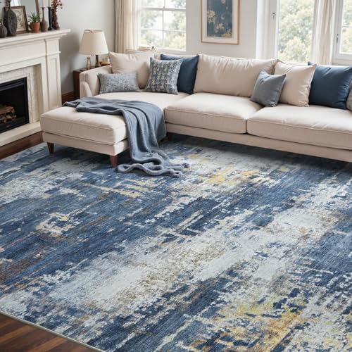 Cuzwlovita 8x10 Ft Abstract Washable Area Rugs for Living Room Gold Blue