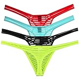 ONEFIT Men's Sexy Net Pouch Brief Striped Thongs Bikinis Underwear, Re+ge+bk+ye, Medium, 4 Pack