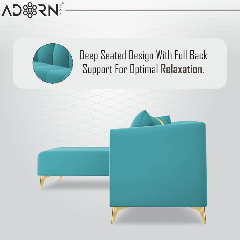 Image of Adorn India Premium Mystic - 3 Years Warranty - L Shape 5 Seater Sofa Set Velvet Suede Fabric - Aqua Blue