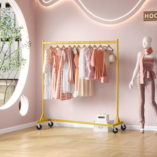 Image of Hoctieon Z Rack, Rolling Clothes Racks with Z-Base, Heavy Duty Garment Rack, Clothing Racks for Hanging Clothes, Sturdy Metal Hanging Holder, Clothes Organizer Rack, Gold