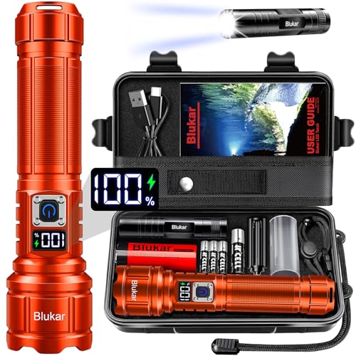 Blukar Taschenlampe LED Aufladbar, Extrem Hell Taschenlampen Zoombare Taktische Handlampe mit 5 Lichtmodi, IP67 Wasserdicht Flashlight Torch für Camping, Outdoor, Notfäll- Orange