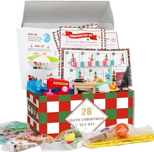 28-Day Christmas Elf Kit with 28 Fun Elf Scenes, Christmas Elf Adventure Kit 2025 Elf Box Kit Elf Helper Kit with Elf Props & Elf Accessories Kit for 28 Days of Elf Magic Christmas Countdown Ideas Kit