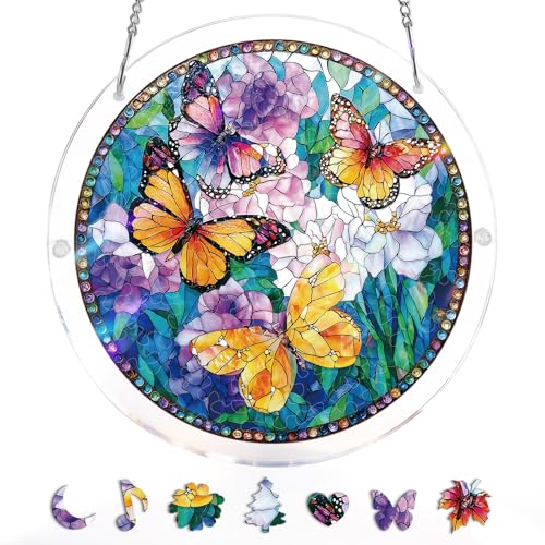 WOODBESTS Acrylic Jigsaw Puzzle Suncatcher 83 Pieces-Butterflies in Bloom DIY Acrylic Puzzle Sun Catcher Window&Garden Decor Unique Gifts for Mom Women Wife Sisters Aunt Besties 7.4in